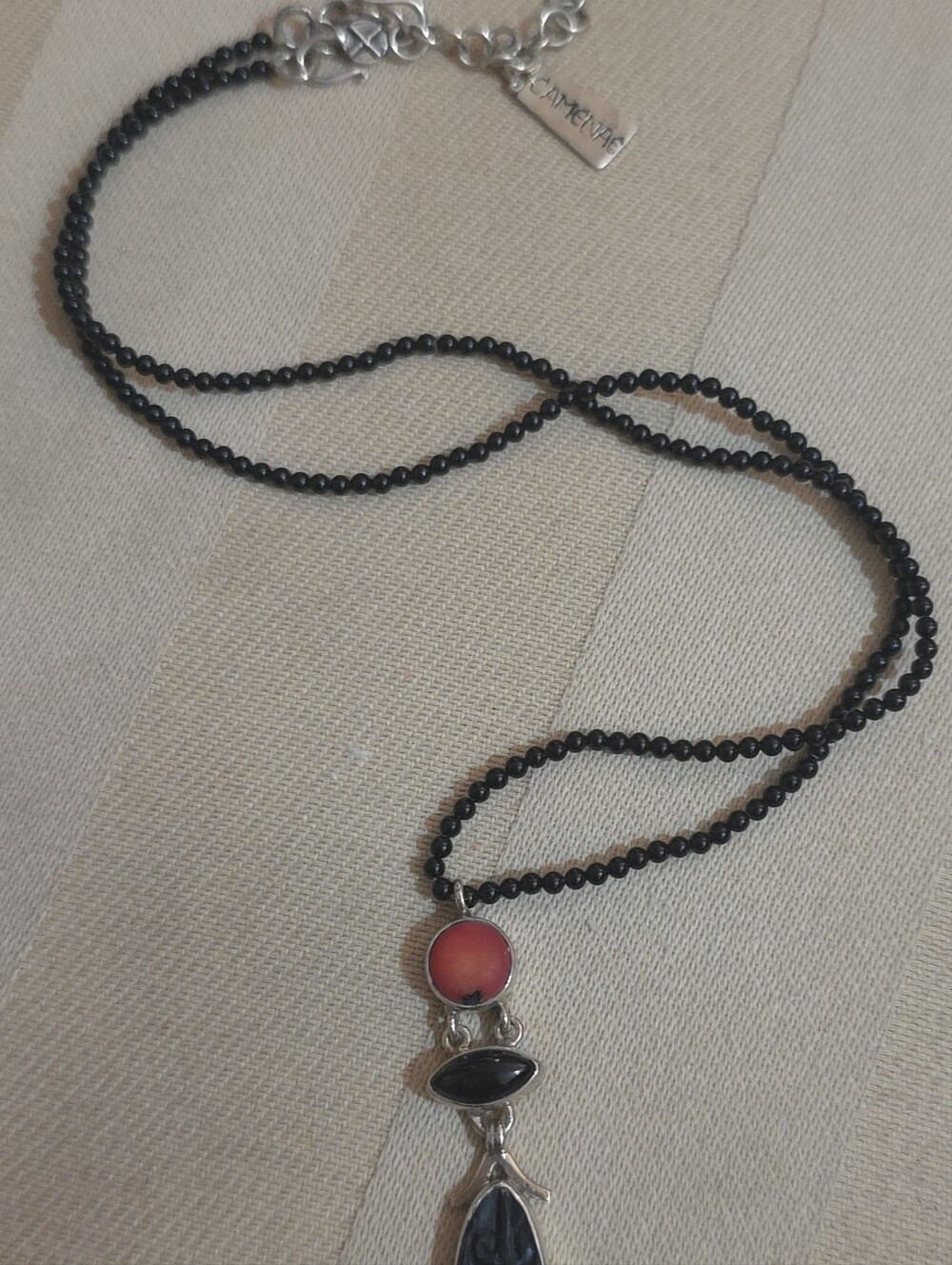 CAMENEA STERLING SILVER ONYX AND CORAL NECKLACE 18 IN - Picture 6 of 8